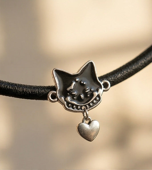 HobbyHome™ | Cat & Heart Charm Choker | Black Leatherette | Alternative Y2K Aesthetic | Small Business Handmade | UK Stock 🇬🇧