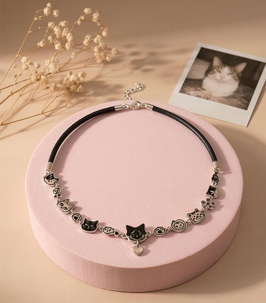 HobbyHome™ | Cat & Heart Charm Choker | Black Leatherette | Alternative Y2K Aesthetic | Small Business Handmade | UK Stock 🇬🇧