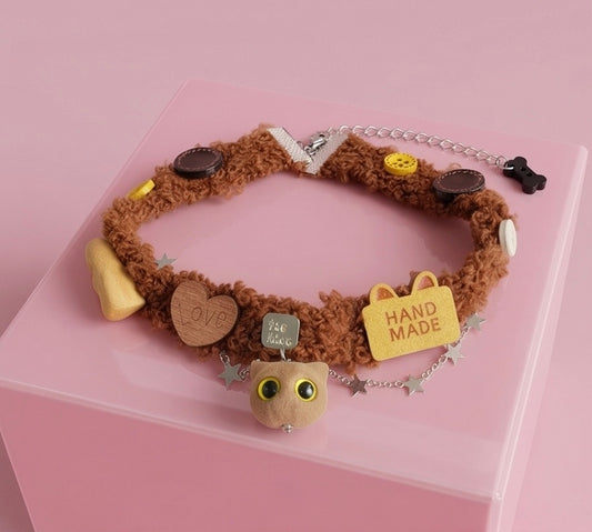 HobbyHome Quirky Cat Choker Necklace | Handmade Fuzzy Collar with Charms | Y2K Weird Girl Aesthetic Jewelry UK